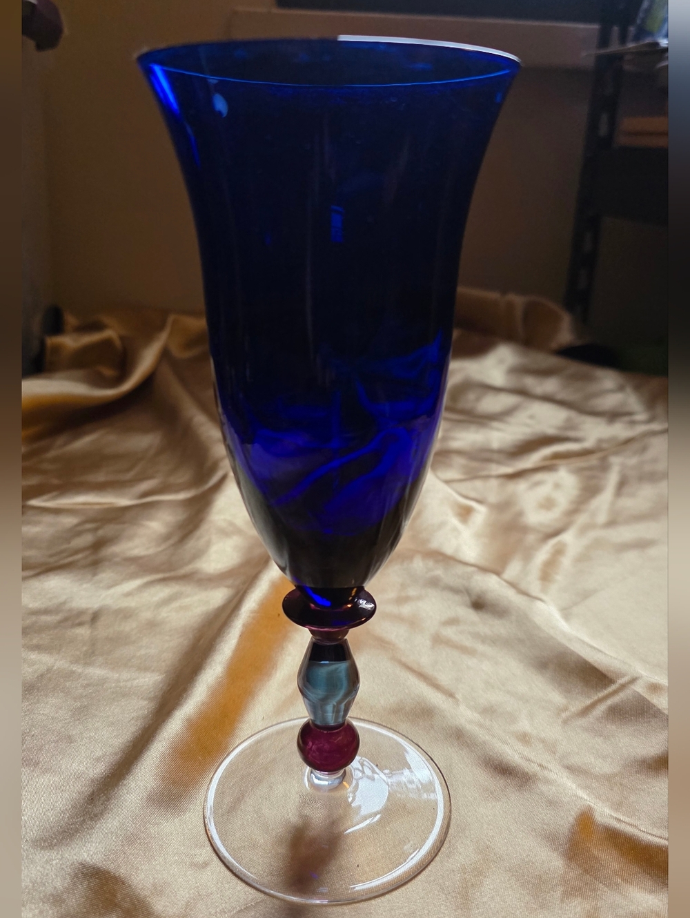 Cobalt Blue Tall Stemmed Goblet with Multicolor Stem